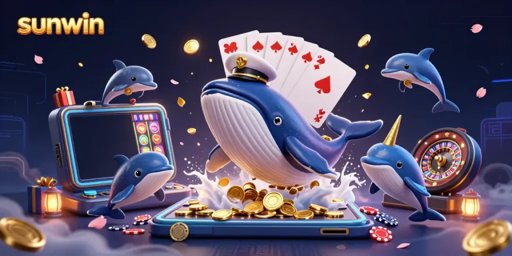 Sunwin players winning big with a colossal whale, showcasing vibrant casino elements