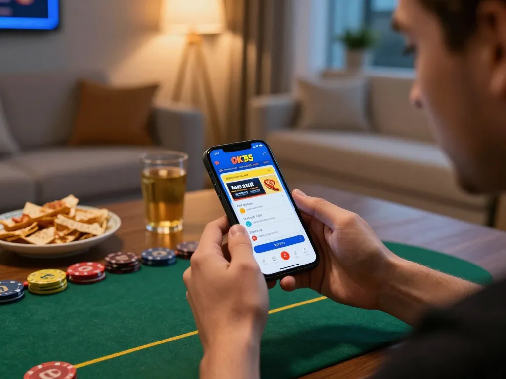 Gambler immersed in the OK365 app on smartphone, enjoying a lively home gaming session.