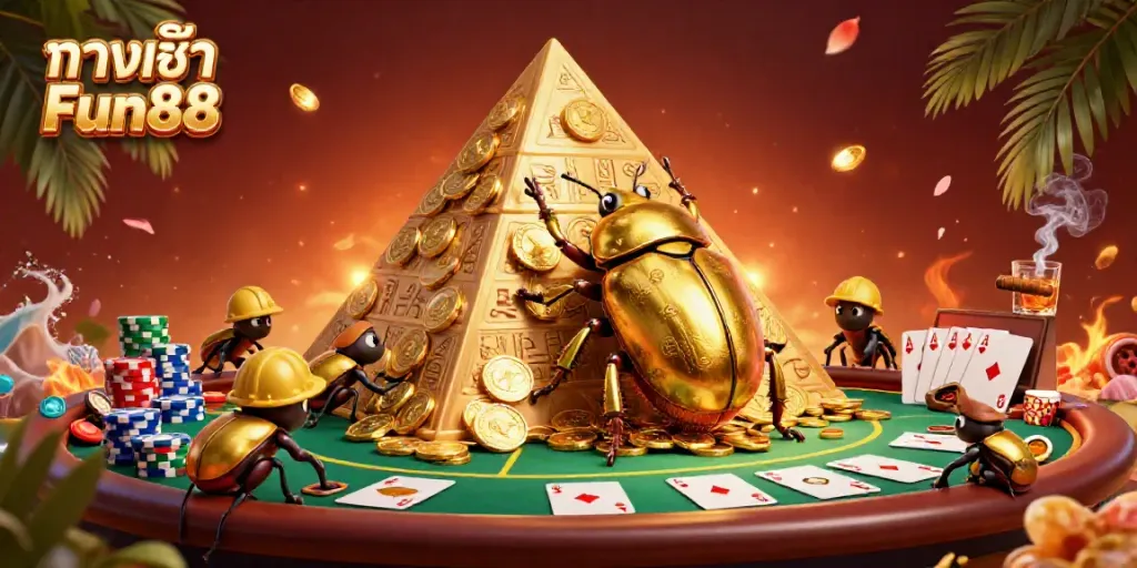 Engage with ทางเข้า Fun88 through a rich 3D illustration showcasing vibrant casino elements.