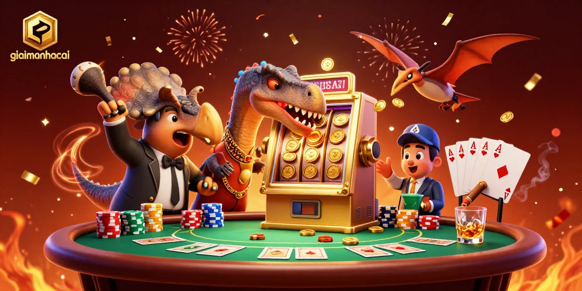 Experience a thrilling jackpot payout at giaimanhacai as a cartoon pachycephalosaurus engages with a slot machine.