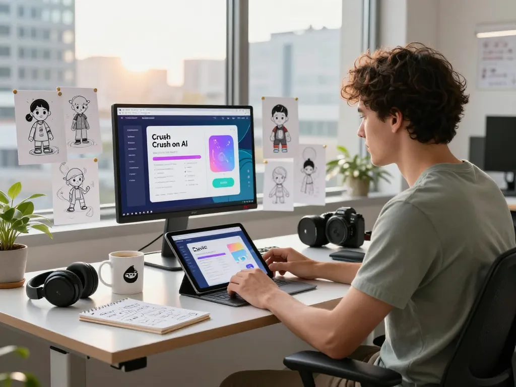 Developer working on Crush on AI interface with vibrant designs and urban views.