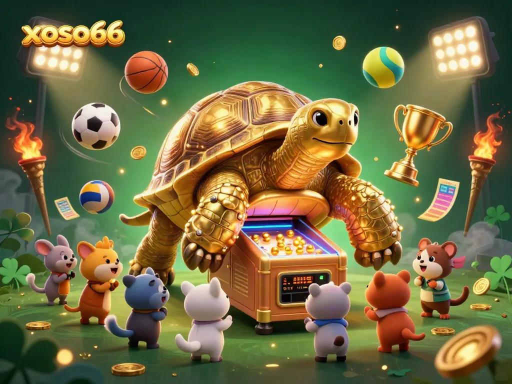 Engage with thrilling games at xoso66 featuring a colossal golden tortoise pinball machine.