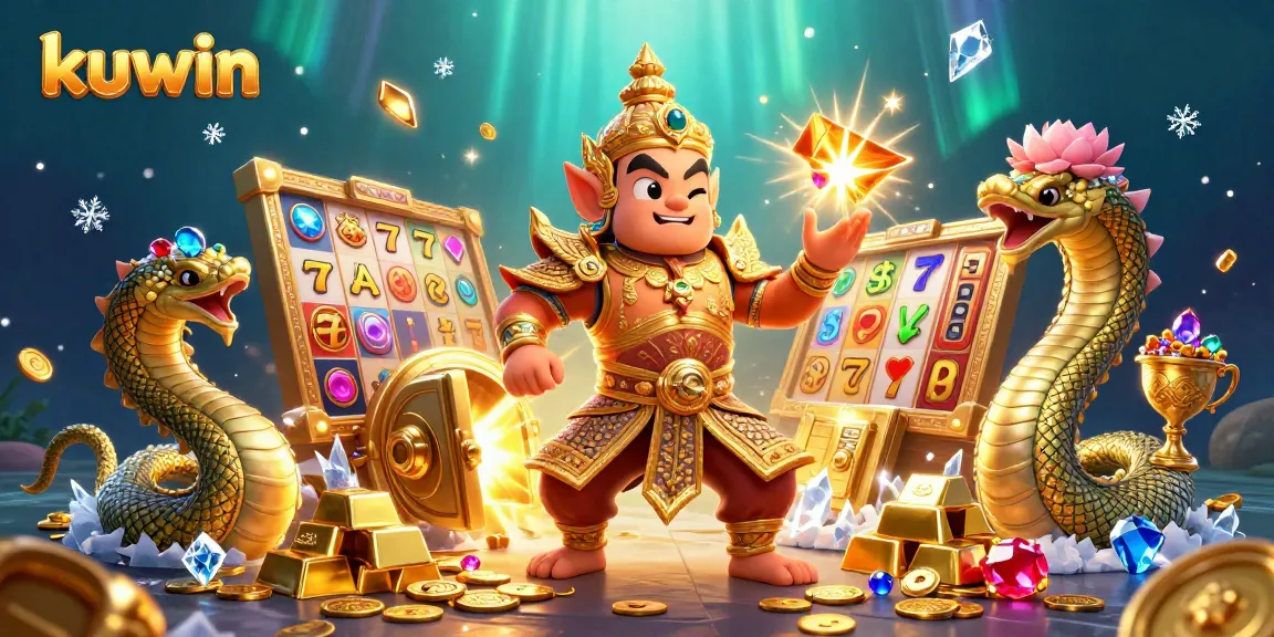 Kuwin slots showcase colorful reels and gems in ultra-detailed casino-themed artwork.