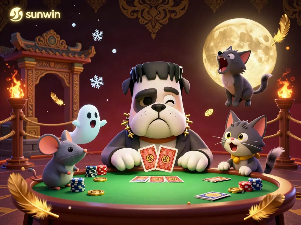 Engage in thrilling gameplay with sunwin at a haunted casino table where a Frankenstein bulldog deals cards amidst gold coins.