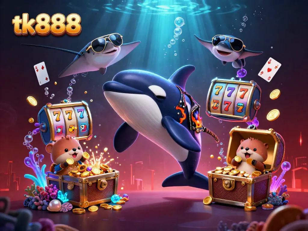Engage in thrilling adventures at tk 888 with vibrant casino-themed underwater scene showcasing a dynamic group of characters.