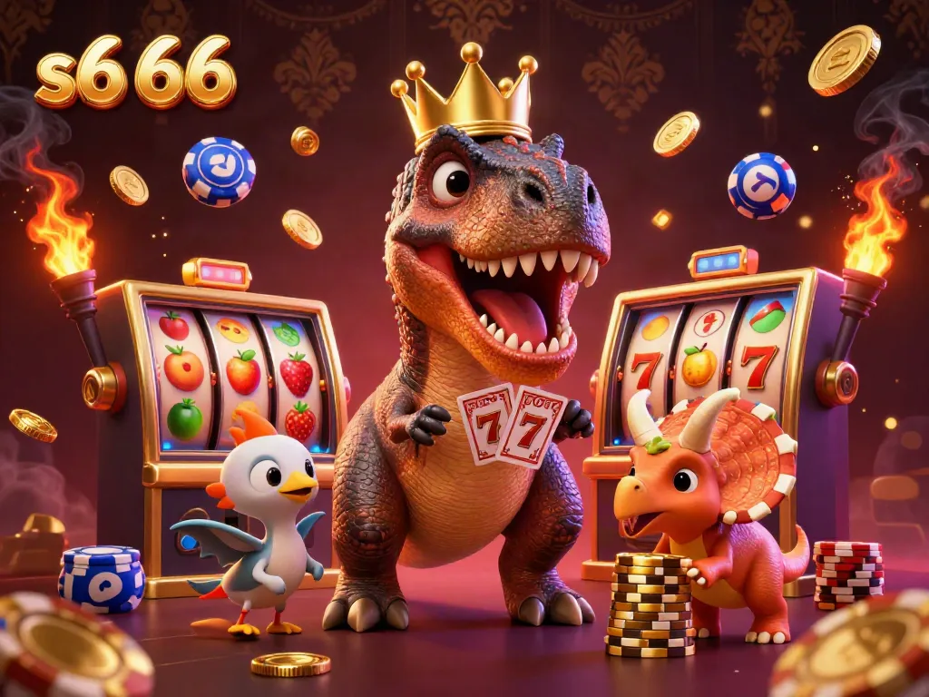 Experience the thrill of gambling with s6 66, as a friendly T-Rex and friends engage in card games amidst golden casino elements.