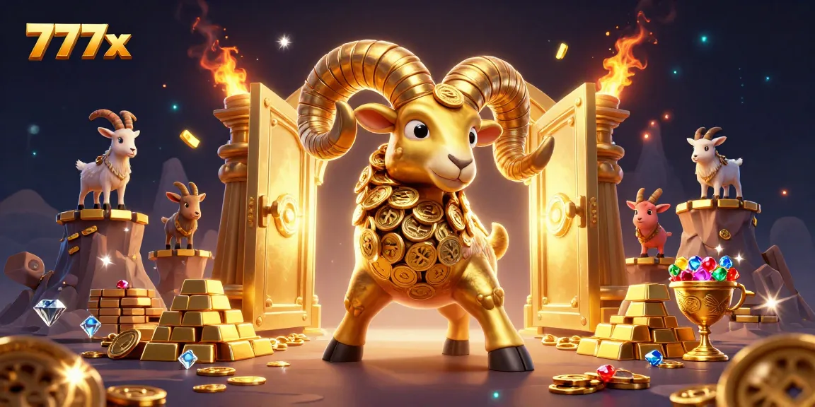 Engage in thrilling wins with 777x at the casino featuring a golden ram, treasure, and vibrant gems.
