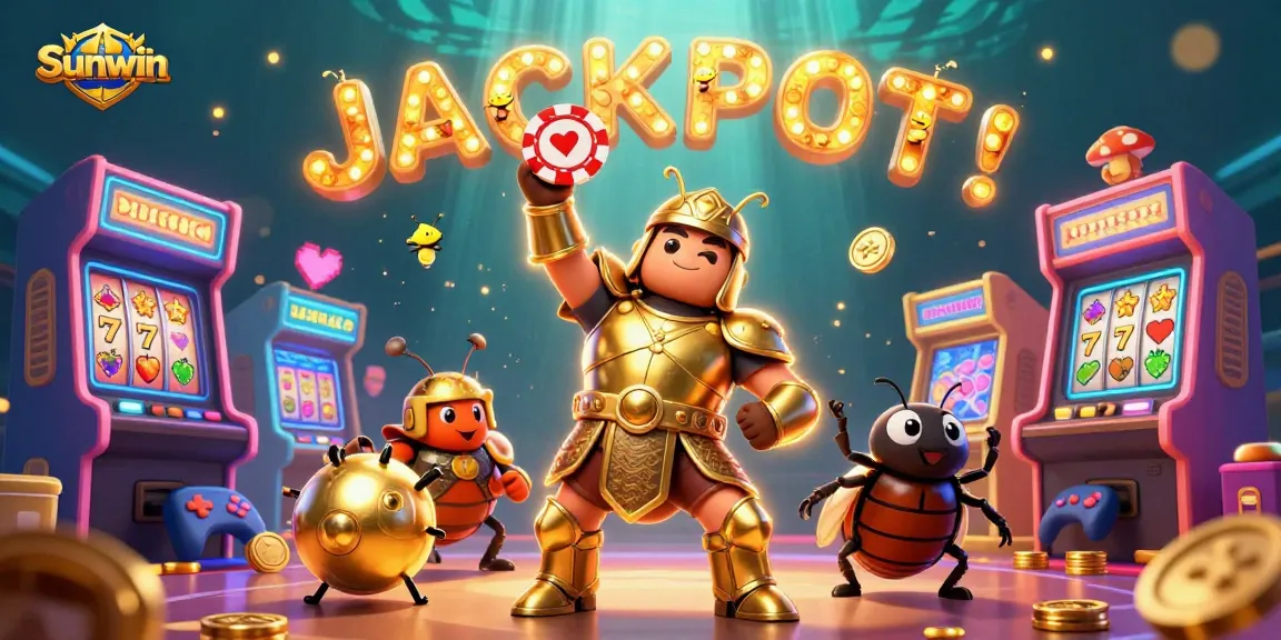 Sunwin rewards players with a thrilling illustration of a victorious beetle in a casino scene featuring vibrant slots and gaming elements.