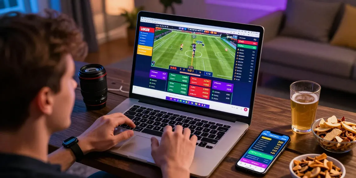 Player enjoying online sports betting on UK88 with vibrant graphics and cozy setting.