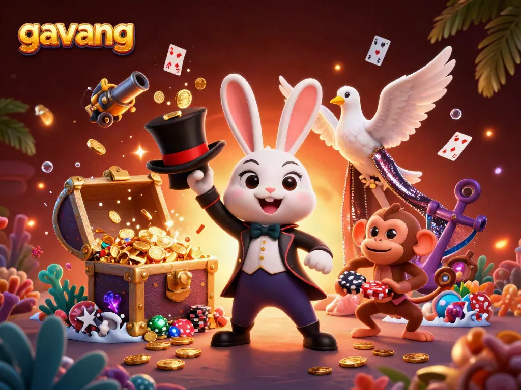 Experience the thrill of gambling with the whimsical gavang scene featuring a magician rabbit, a dove, and playful monkey.