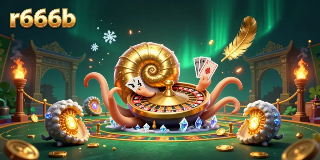 Experience thrilling gaming with r666b in this dynamic 3D casino illustration featuring a giant nautilus and ancient elements.