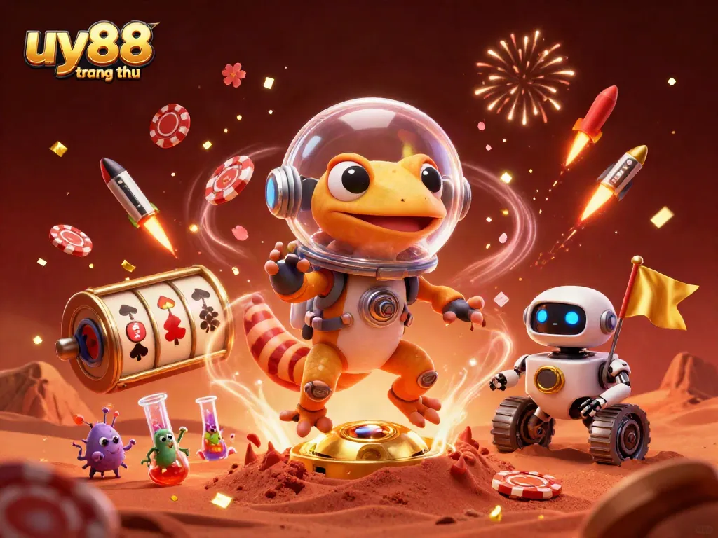 Experience the excitement of uy88 trang chủ as a Martian gecko discovers a vibrant casino in a jubilant space scene.