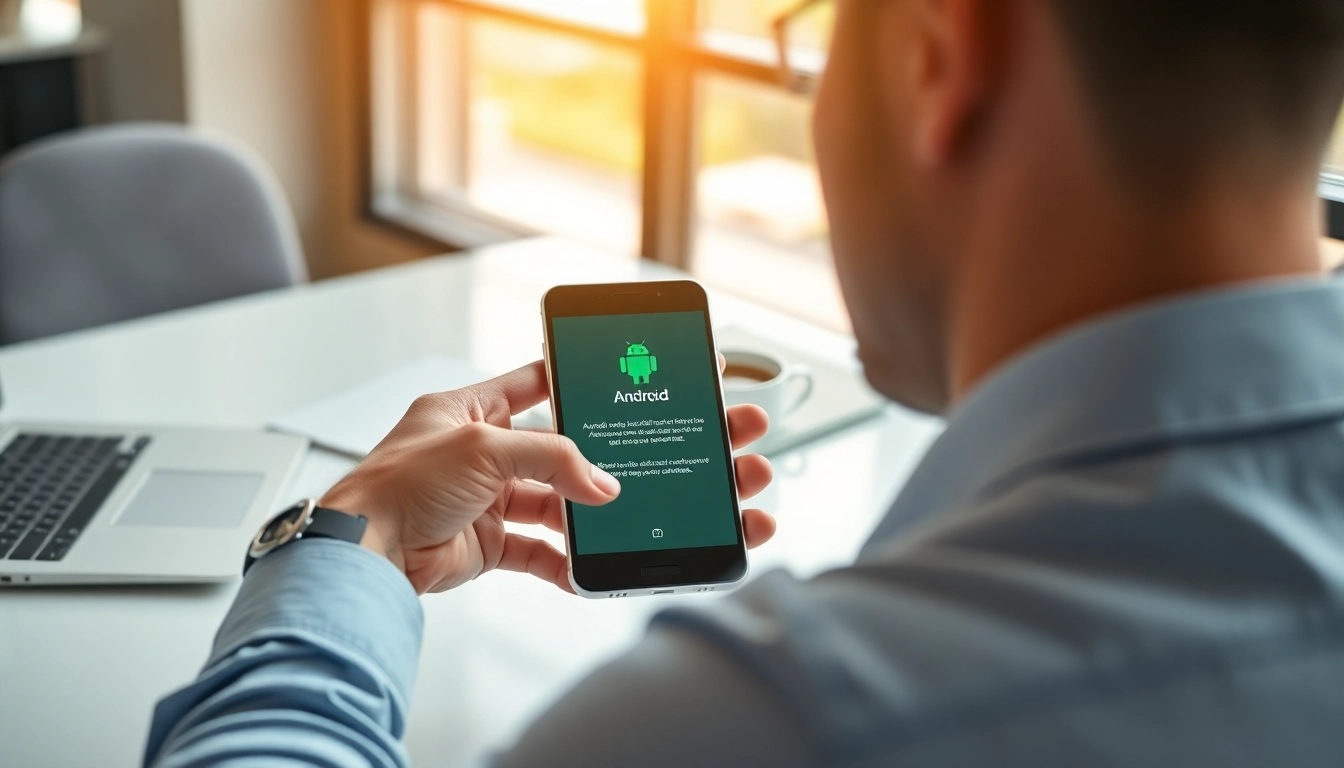 Aktualizacja Android na nowoczesnym smartfonie w biurze w jasnym świetle.