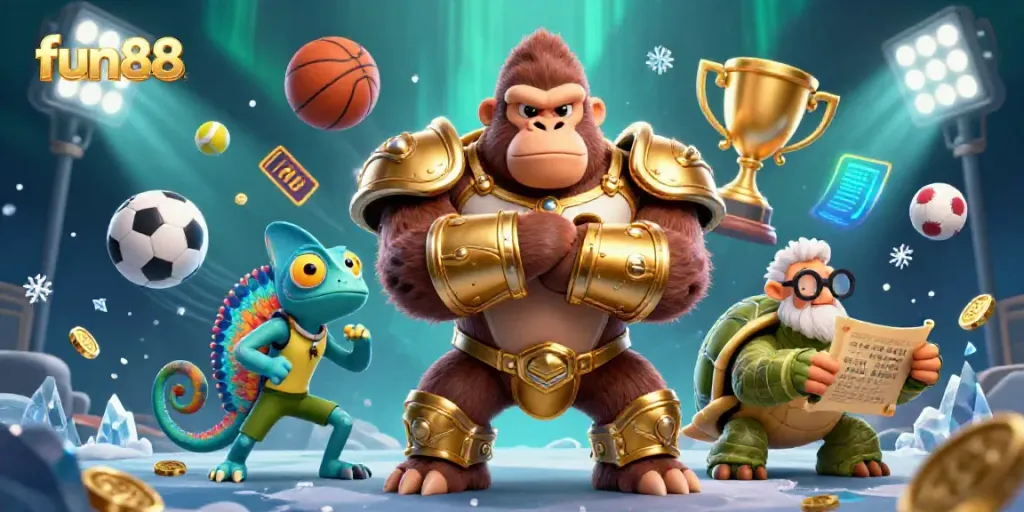 Engage with fun88 by immersing in a vibrant 3D casino scene featuring a powerful gorilla, chameleon, and wise tortoise.