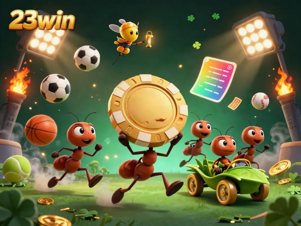 Ants stealing a giant poker chip with the 23win brand amidst a chaotic sports-themed scene.
