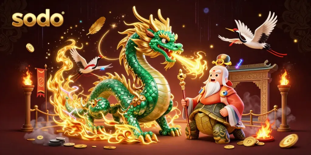 Sodo casino scene featuring a jade dragon, turtle sage, and lucky cranes with dynamic gambling elements