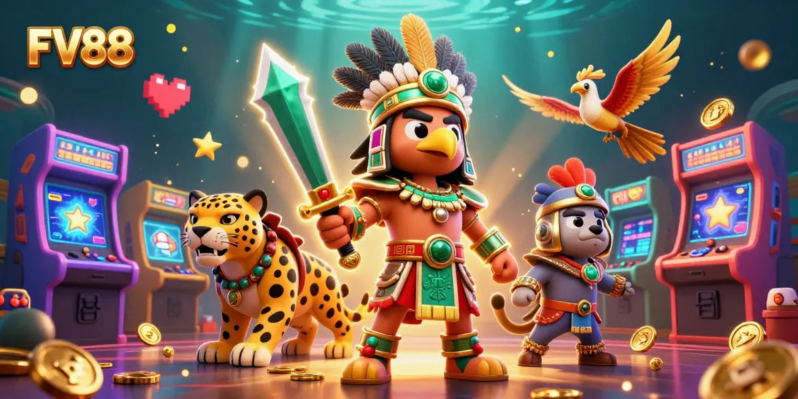 Engage with FV88 in a dynamic casino scene featuring Aztec warriors and arcade gaming elements.