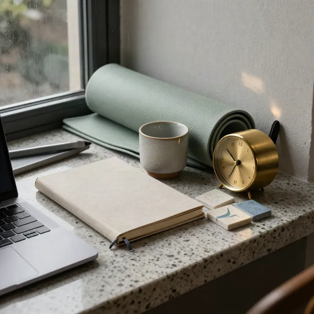 Makro materiałów w studiu coachingu: notes, laptop, timer i mata w porannym świetle.