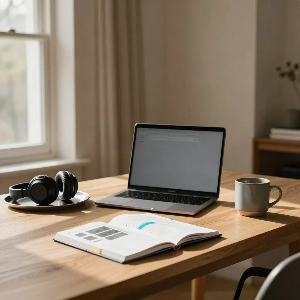Biurko po sesji coachingu: laptop, notes, kubek i pasek celów przy ciepłym świetle.