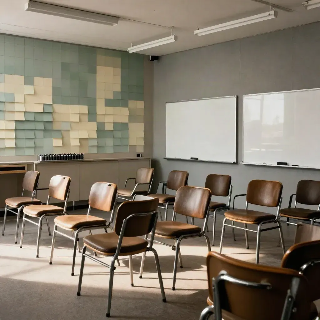 Sala szkoleniowa z krzesłami, tablicami i abstrakcyjnymi karteczkami po warsztacie.