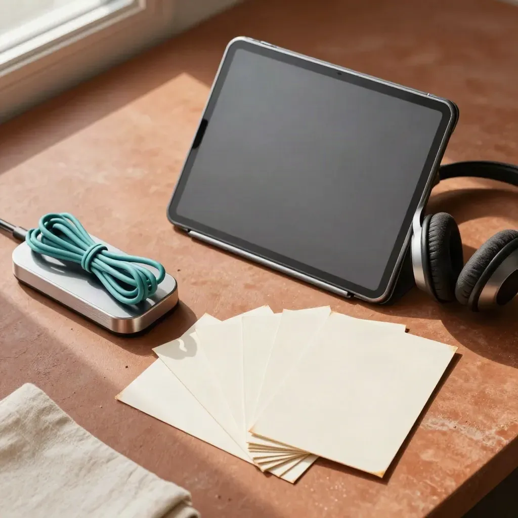Zestaw do kursów online: stojak na tablet, słuchawki, dock, opaski kablowe i karty storyboardu.