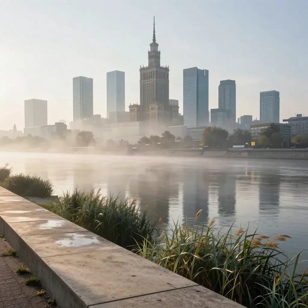 Mglisty poranek nad Wisłą z panoramą Warszawy wysoko w kadrze i spokojną wodą poniżej