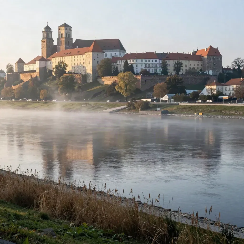 Wawel nad Wisłą o świcie we mgle, z ciepłym światłem i spokojną przestrzenią na tekst.