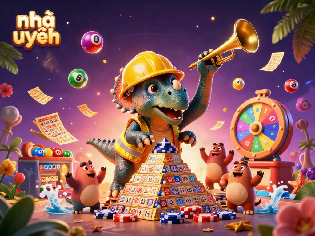 Engaging illustration of nhà cái uy tín featuring a triumphant triceratops and a celebration of gambling.