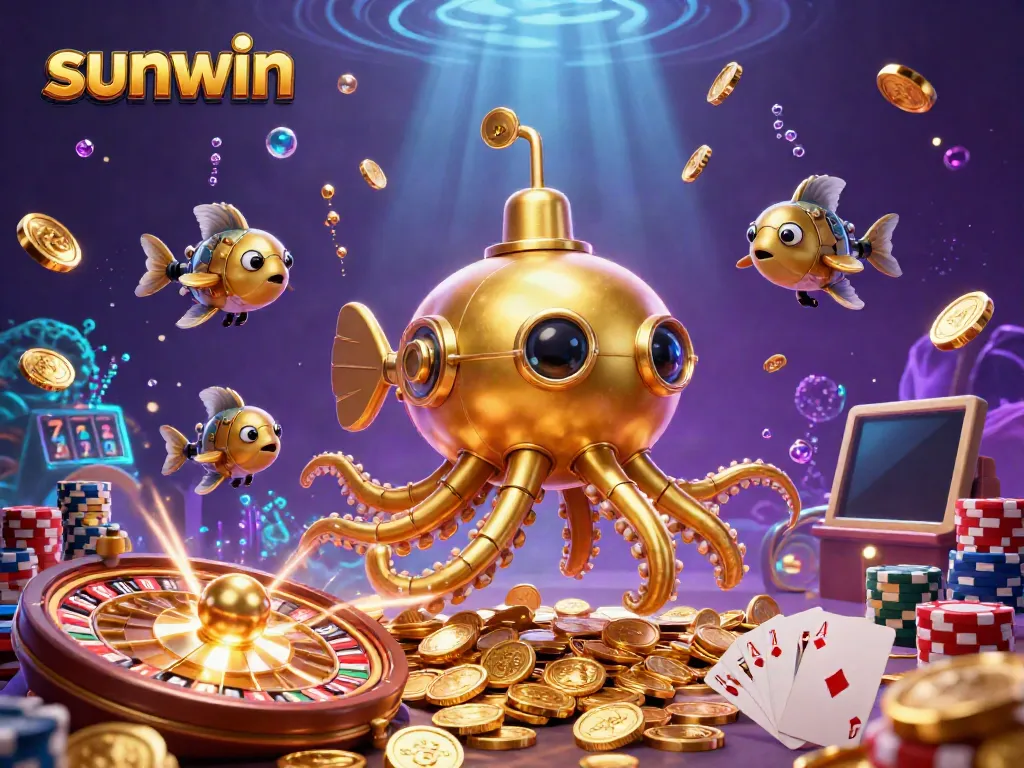 Spin, win, and dive into fortune at Sunwin with a golden kraken submarine and casino elements.