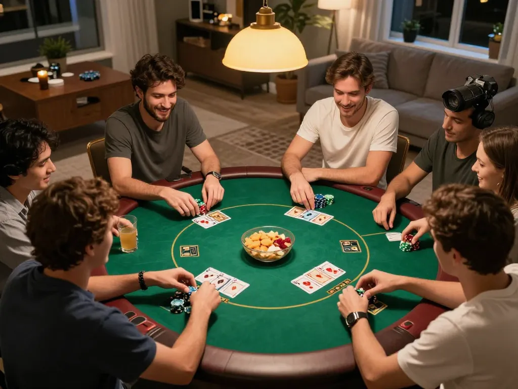 open88 players competing in a lively poker game at home with strategic moments.