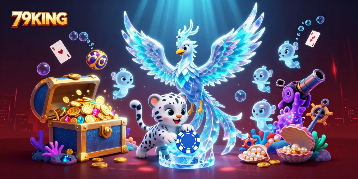 Experience thrilling excitement with 79KING's vibrant casino scene featuring a playful snow leopard and sparkling visuals.