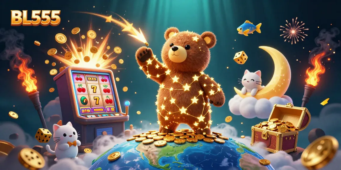 Engage with thrilling games at BL555, where a constellation bear scoops coins amidst a vibrant casino atmosphere.