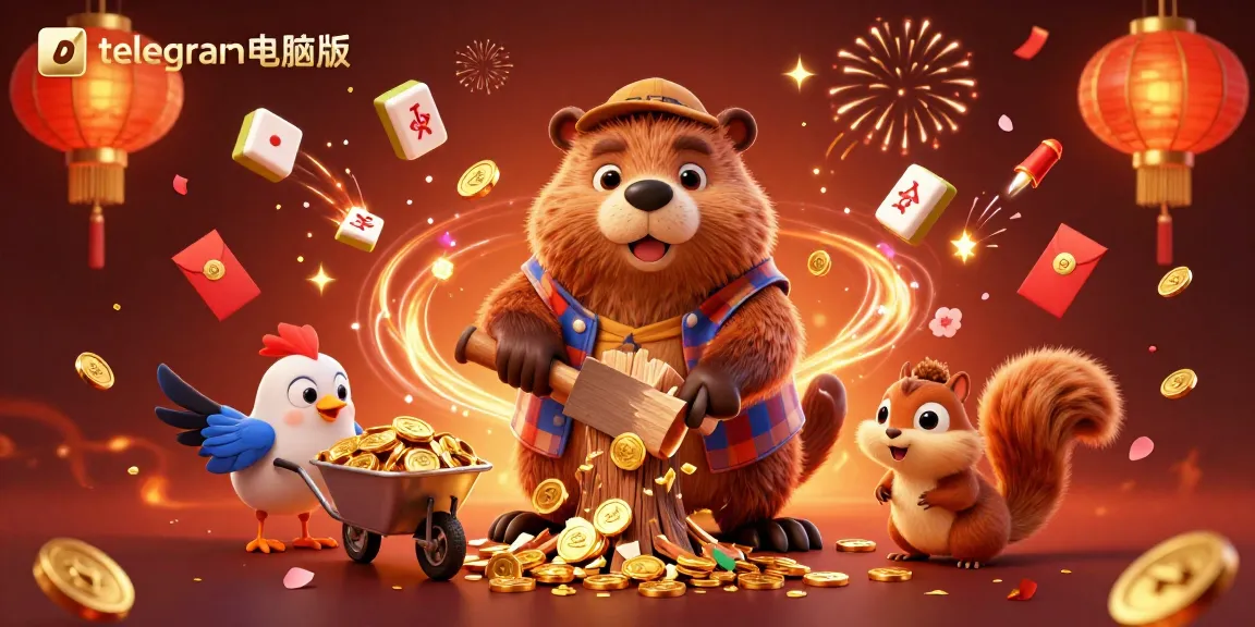 与telegram电脑版互动,生动的卡通场景中,一只海狸在金币雨中庆祝胜利。