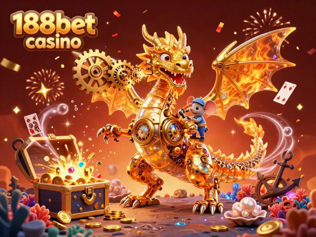 Experience the excitement of 188bet casino with a vibrant 3D dragon and treasures in a captivating scene.