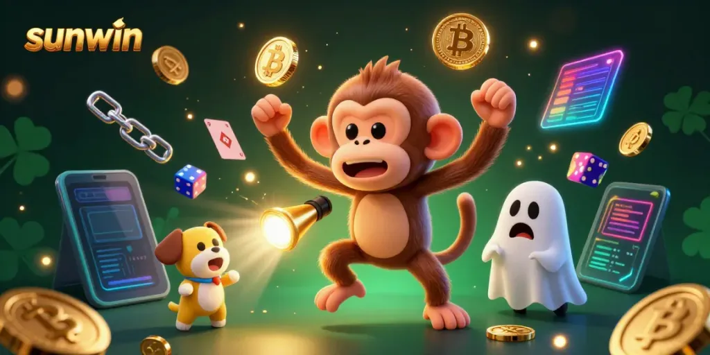 Experience the thrill of sunwin with a ghost-hunting puppy chasing a mischievous poltergeist monkey in a haunted casino.