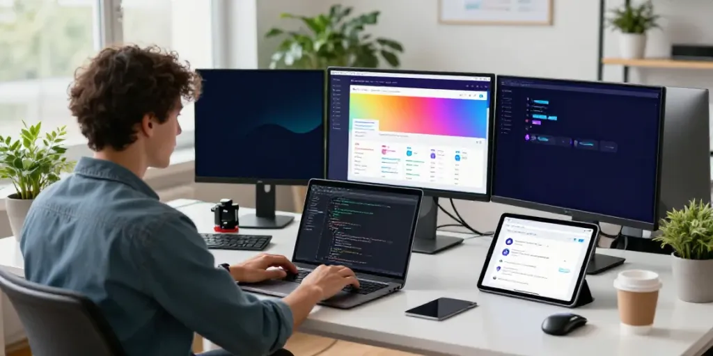 Web developer engaged in hosting tasks on dual screens in a modern workspace.