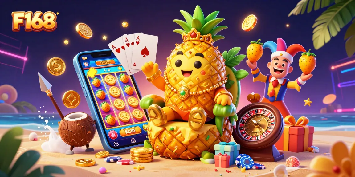 Experience thrilling gaming with F168's dynamic casino scene featuring a golden pineapple king and vibrant slot elements.