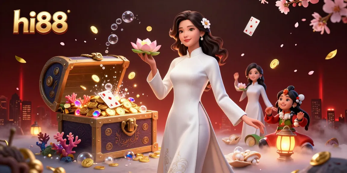 Experience the excitement of hi88 with a stunning 3D illustration showcasing vibrant casino action and elegant characters.