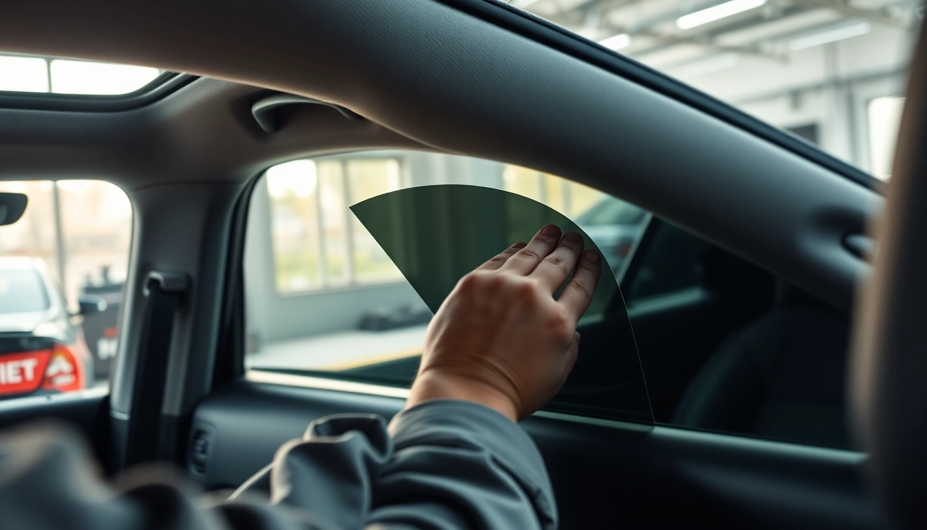 Apply a window tint gift card on a luxury car's windows, showcasing a skilled technician's hands.