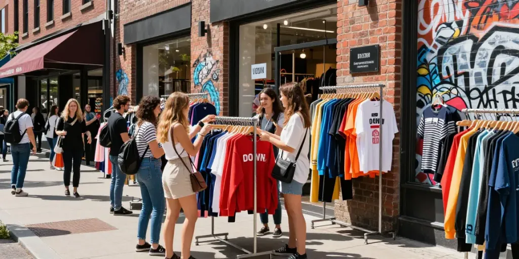 Shopper exploring outlet odzież hurt brands in a vibrant urban setting.