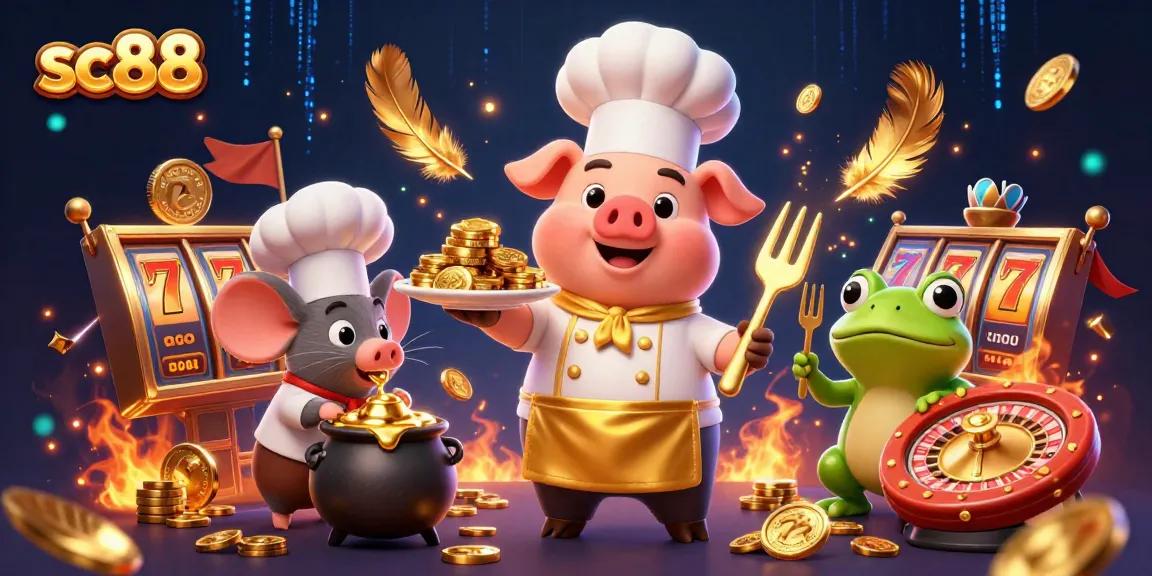 Experience thrilling gameplay at sc88 with pig chef serving golden coins in a vibrant casino illustration.