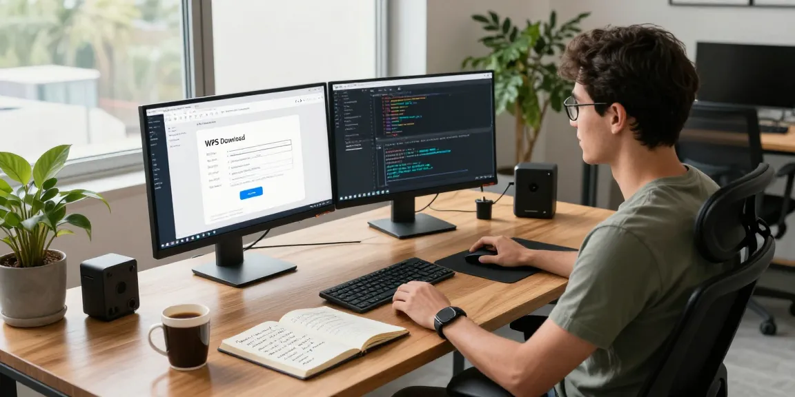 WPS Download displayed on monitors in a modern tech workspace, emphasizing productivity in a professional setting.