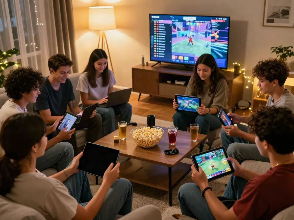 Friends enjoying gaming together on rokok88 platform in a cozy living room