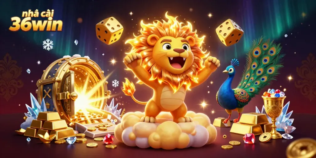 Experience thrilling gameplay at Nhà cái 36win with golden dice and a magnificent sun lion amidst sparkling treasures.