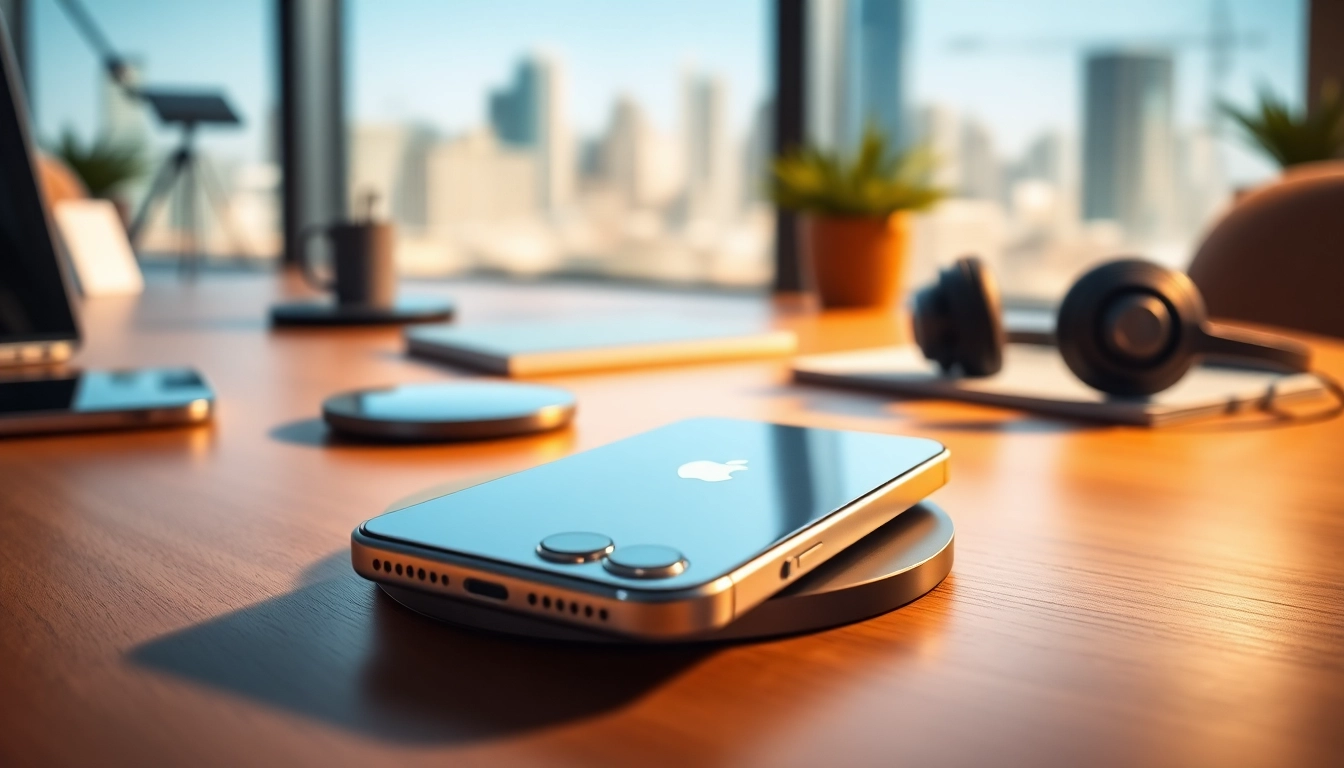 Użytkownik korzysta z iPhone w nowoczesnym wnętrzu biurowym, z akcesoriami.