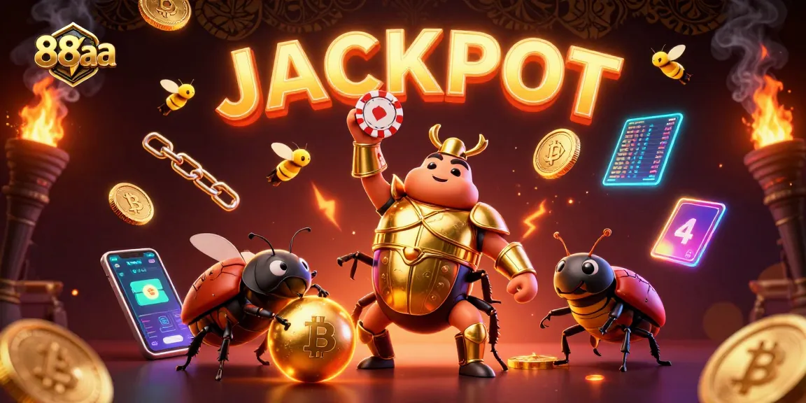 Engage with 88aa's exciting cryptocurrency-themed casino action featuring a victorious beetle!
