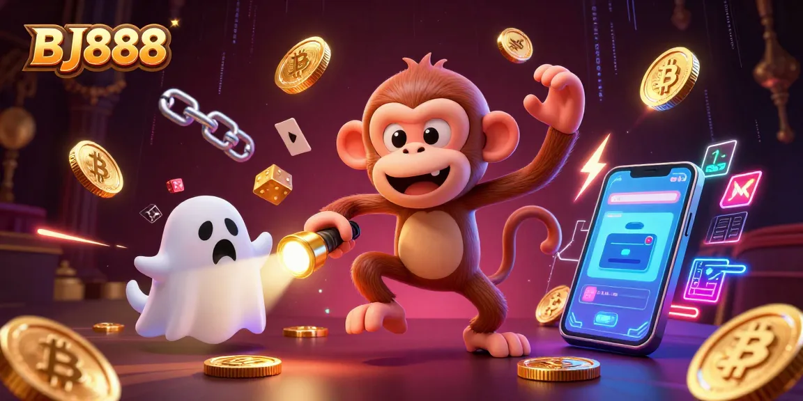 Experience thrilling gaming at BJ888 with a playful poltergeist monkey juggling while a curious puppy tracks it.