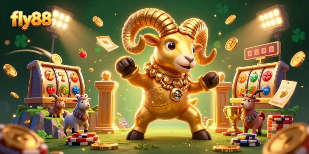 Experience excitement with fly88 as a golden ram charges through a vibrant casino scene.