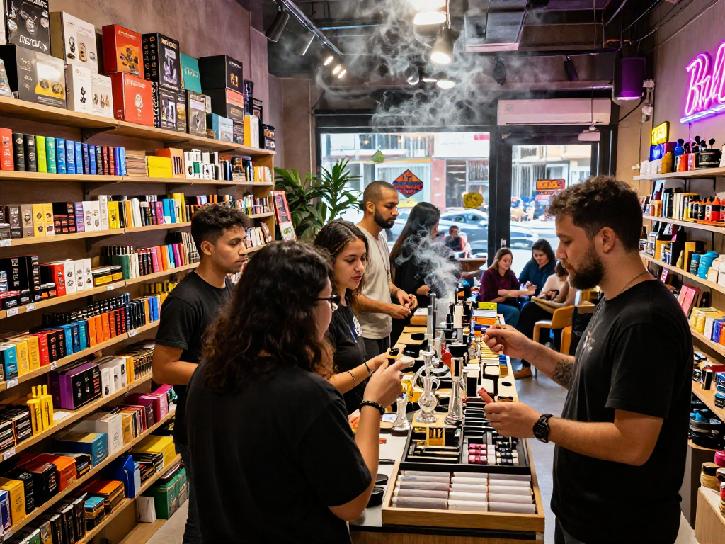 Customers exploring rokok88 products in a vibrant smoke shop atmosphere