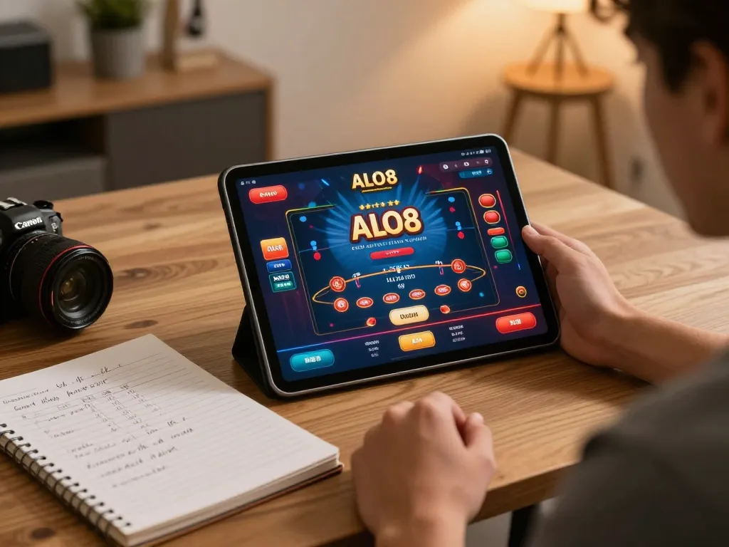 Player enjoys immersive ALO8 online gaming on tablet, showcasing exciting live dealer action and strategic notes.